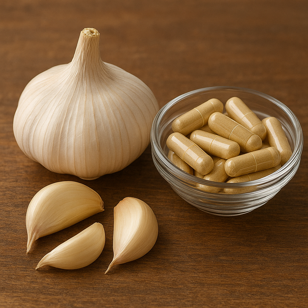 On a wooden surface are a glass bowl containing garlic capsules, a full garlic bulb, and garlic cloves.