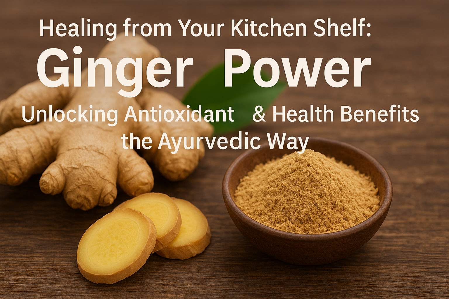 Fresh ginger root with slices, along with ginger powder. It is Ayurvedic antioxidant and health benefits