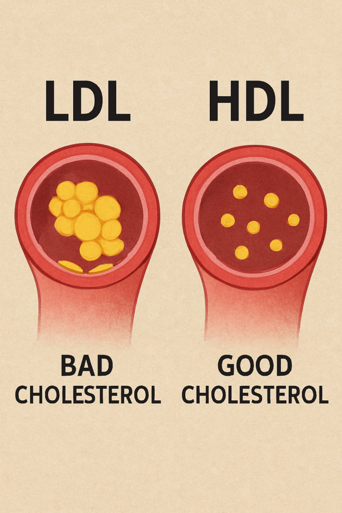 A medical picture that contrasts HDL cholesterol, which keeps arteries pure and healthy, with LDL cholesterol, which blocks an artery next to a realistic heart.