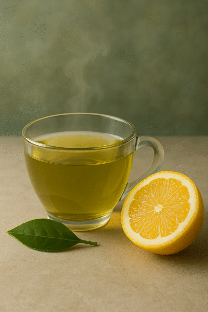 A Glass cup of hot green tea with fresh lemon half and green tea leaf