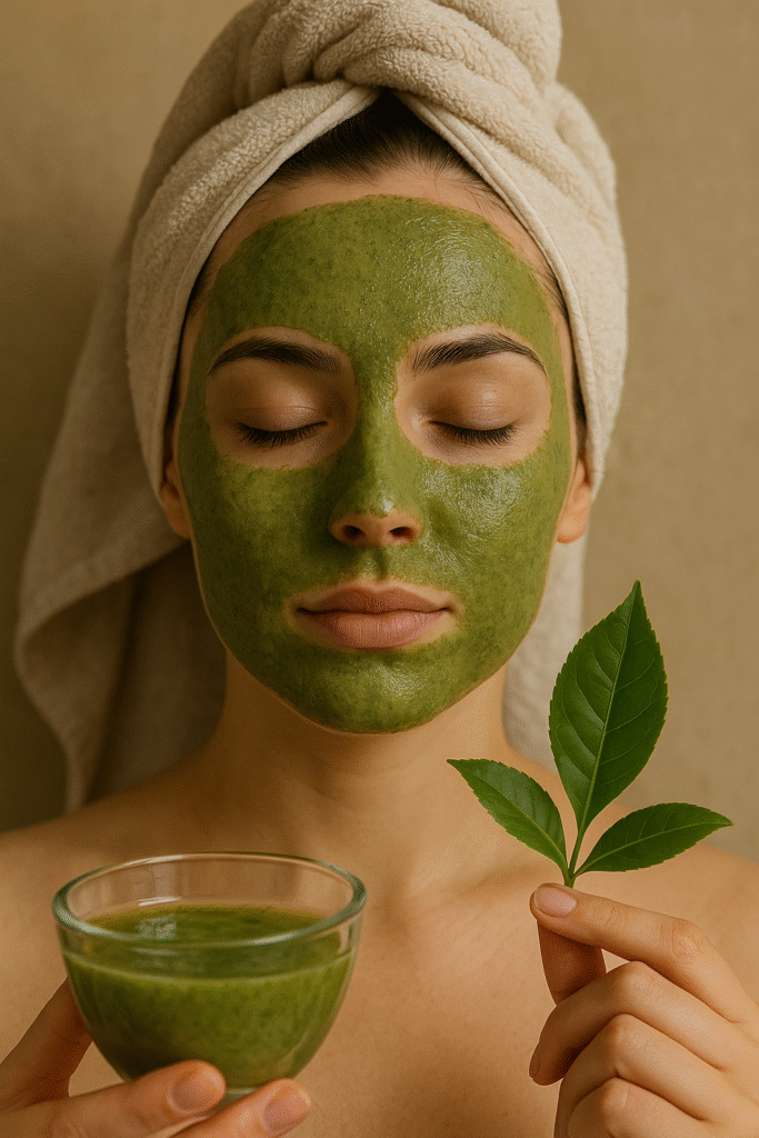 Young woman applying a green tea face pack applied on face, showing natural skincare and glow