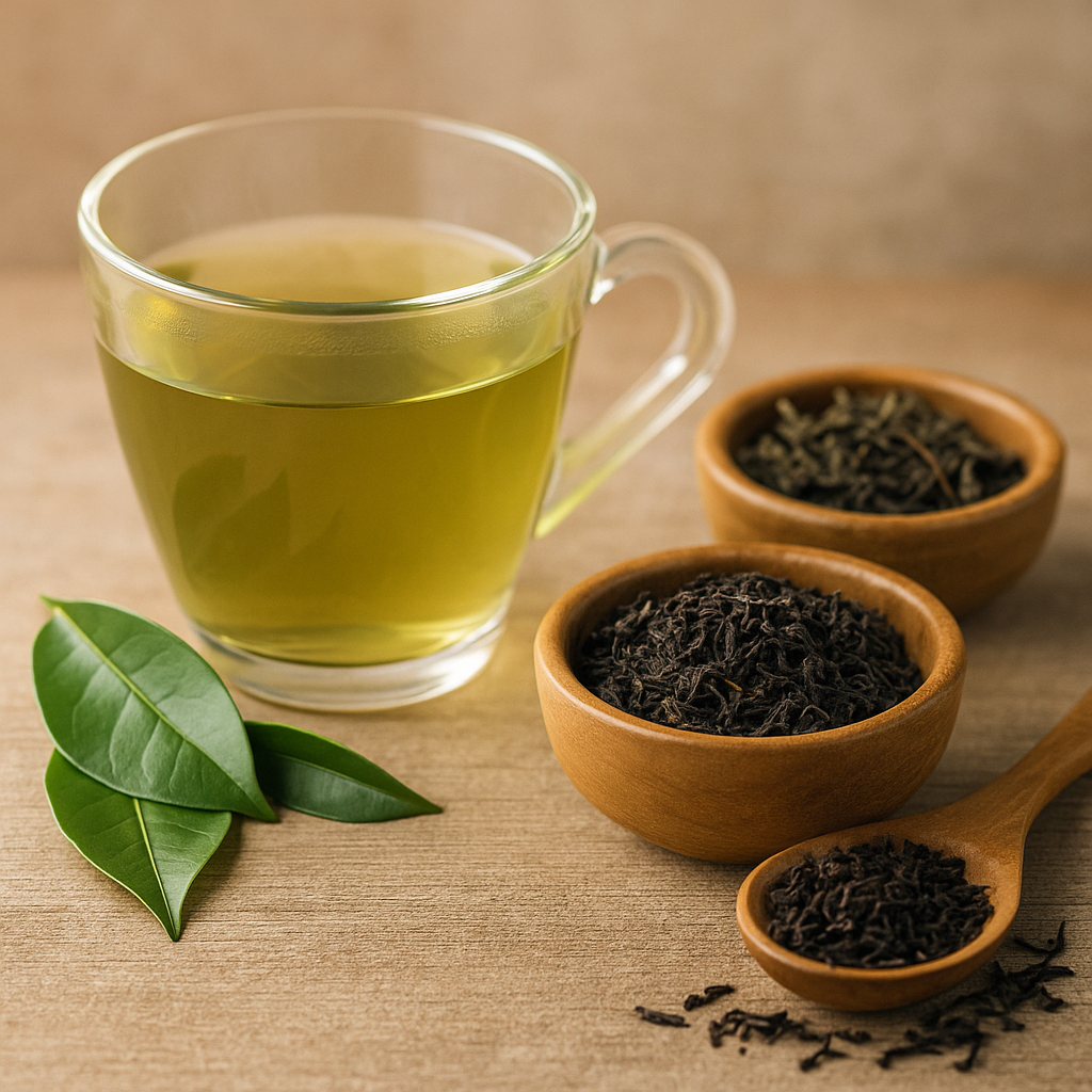This image shows a Glass cup of brewed green tea placed and bowls filled with dried black tea leaves and green tea leaves.