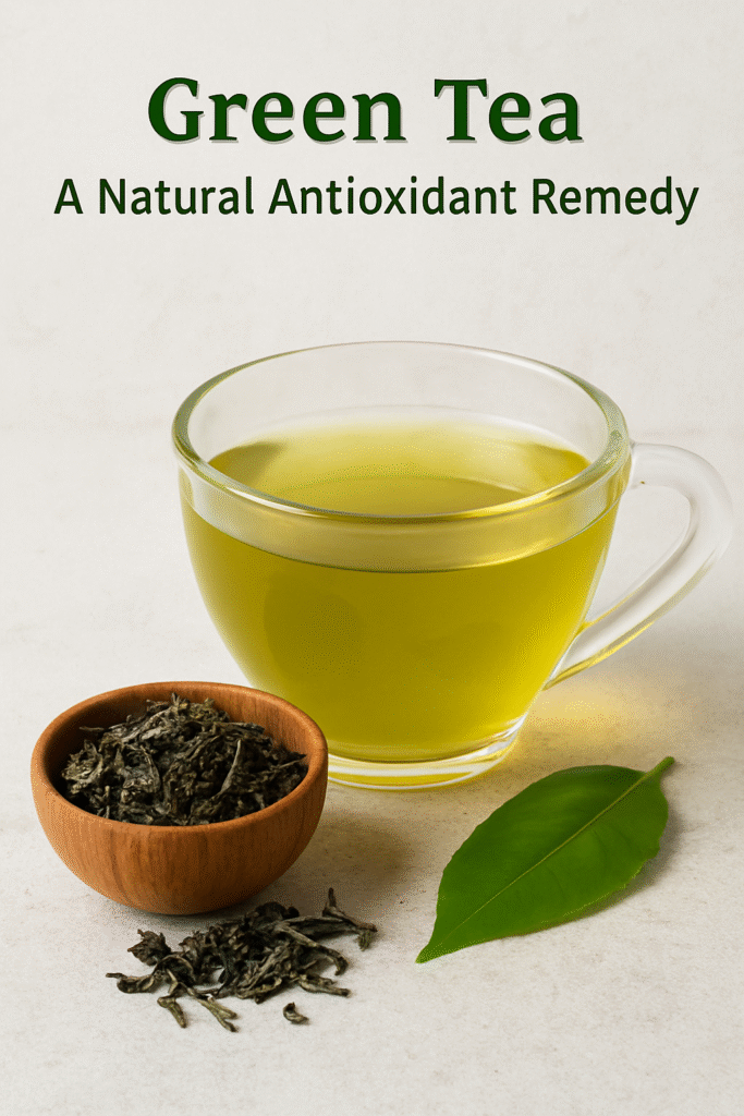 A hot cup of green tea with dried tea leaves and fresh green leaf.