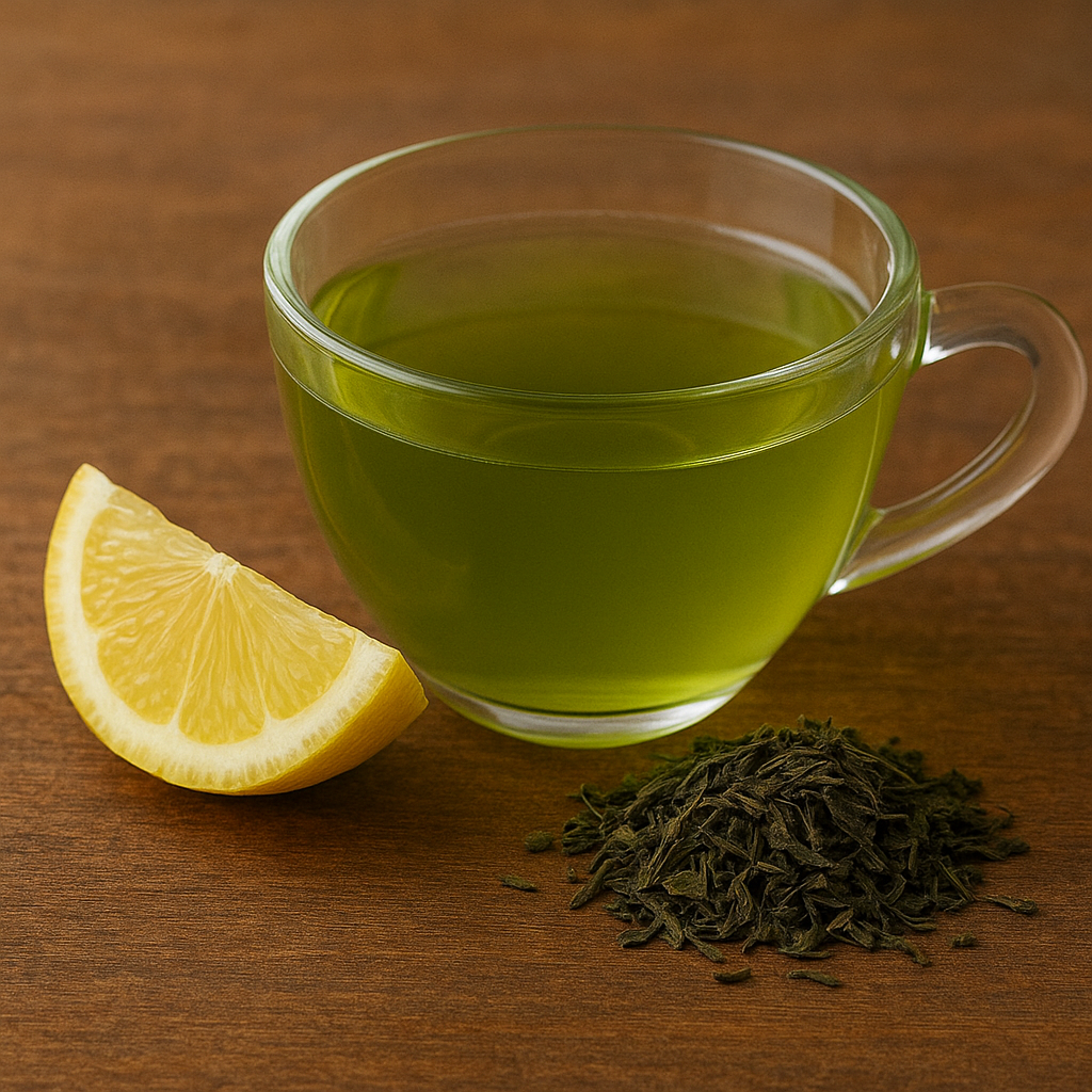 A lemon slice and loose green tea leaves are set next to a glass cup of green tea that is resting on a wooden surface.