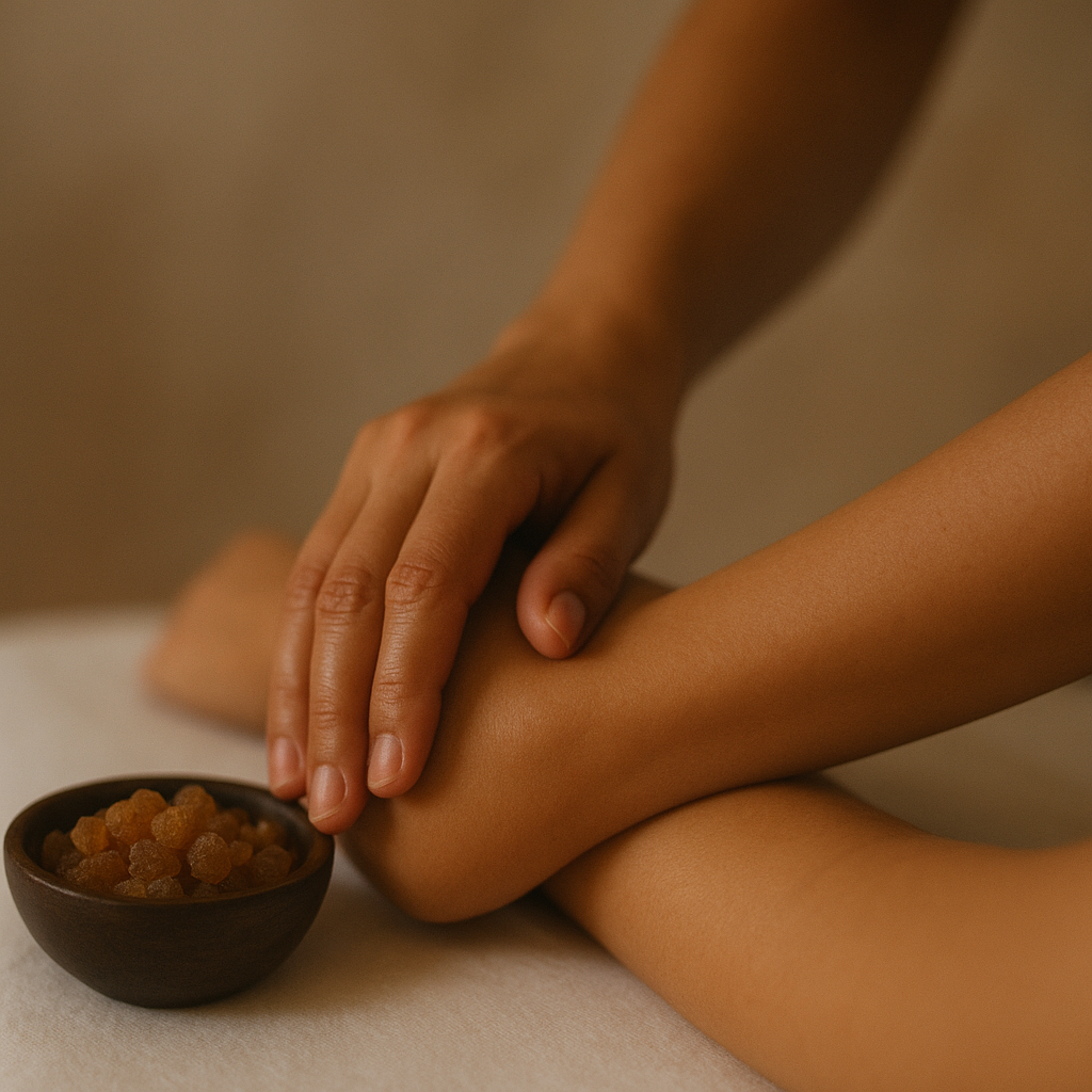 Therapist gently massaging a person’s arm with Guggulu (Boswellia) beside a small wooden bowl of herbal resin, representing Ayurvedic therapy for arthritis and relaxation.