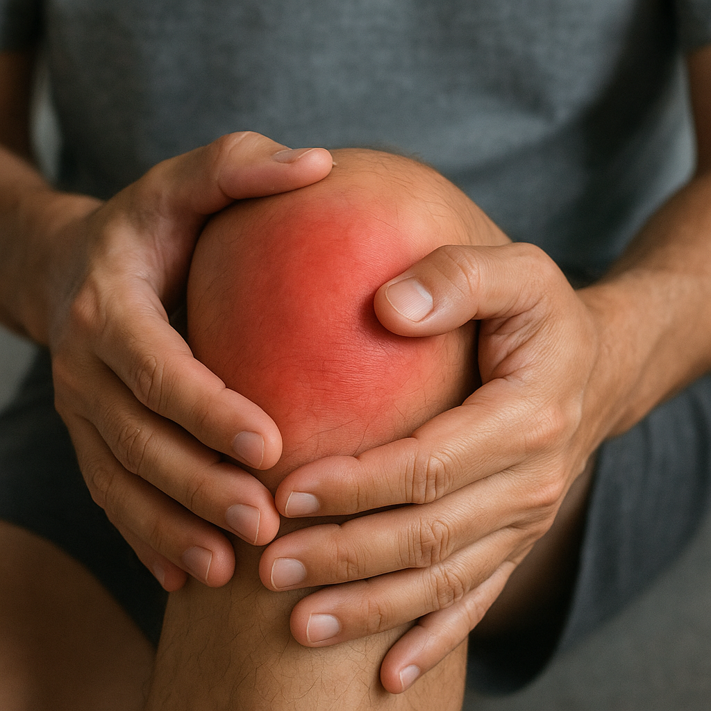 Close-up of a person holding a swollen, inflamed knee joint with redness, representing Amavata condition.
