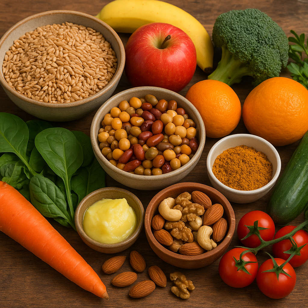 A healthy assortment of whole grains, legumes, ghee, nuts, fruits, vegetables, and spices arranged neatly on a wooden surface, representing a Sattvic diet.