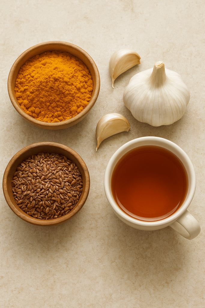 This image shows turmeric powder, fresh garlic cloves, flaxseeds, and a cup of herbal Arjuna tea, indicating natural remedies for heart attack prevention.