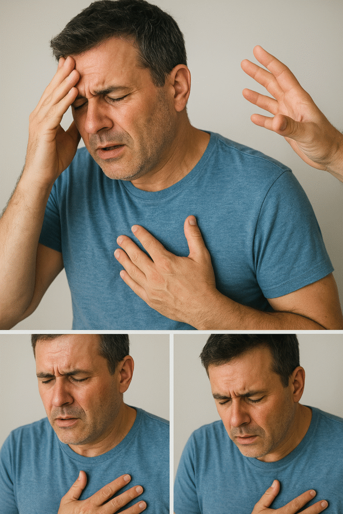 Middle-aged man holding his chest and head, highlighting discomfort with sweating and dizziness, indicating common heart attack symptoms.