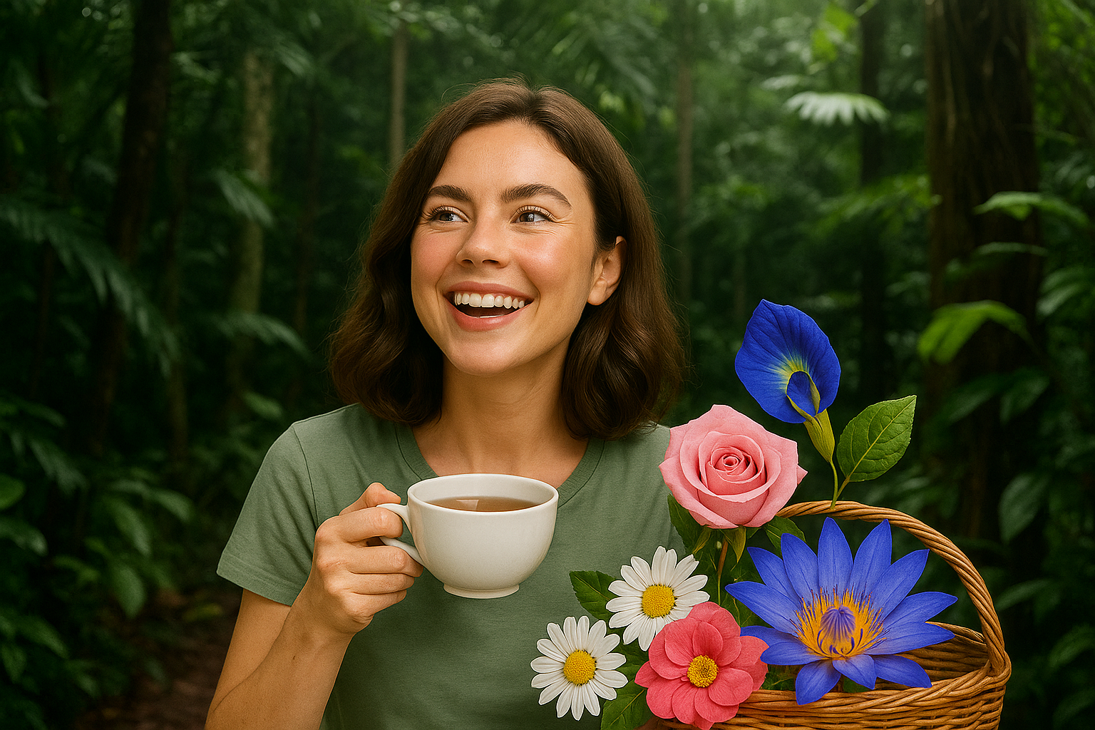 A smiling woman holding a cup of tea in a natural jungle background with a basket full of hibiscus, chamomile, rose, lotus, and blue pea flowers.
