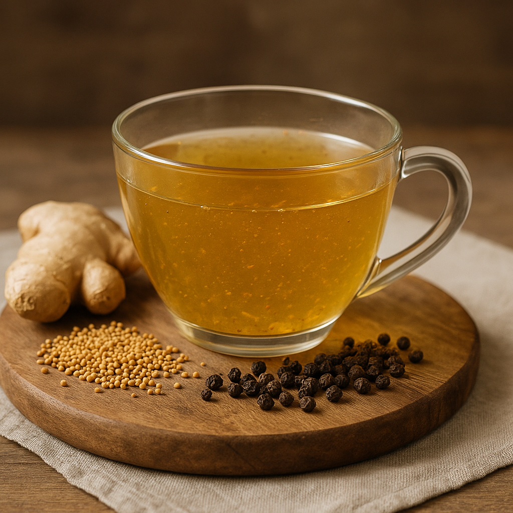A glass cup of warm herbal tea with ginger root, mustard seeds, and black peppercorns on a wooden board.