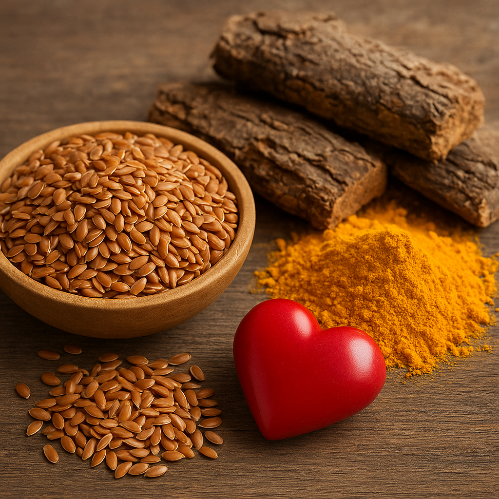 A realistic picture of arjuna bark, turmeric powder, flaxseeds in a bowl, and a red heart, which stands for heart health.