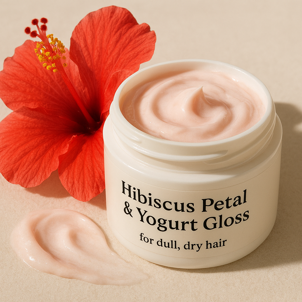 White jar of Hibiscus Petal & Yogurt Gloss for dull, dry hair, filled with pale pink cream, placed beside a vibrant red hibiscus flower on a soft cream background.