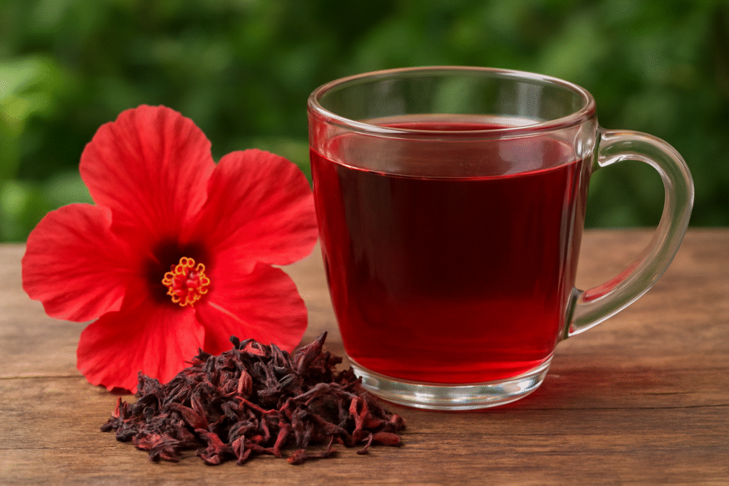  Close-up of hibiscus tea in a glass mug with a fresh red hibiscus flower and dried petals on a wooden table, representing natural UTI support.
