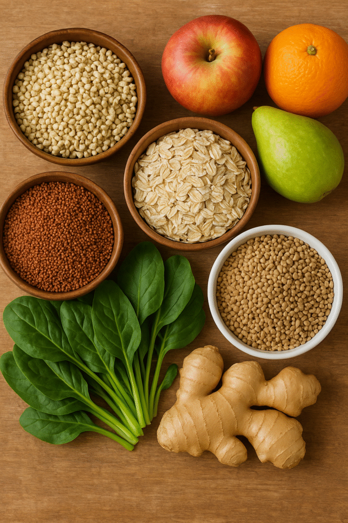 Ragi, jowar, bajra, oats, fresh fruits, and green leafy vegetables, among other high-fiber meals, spread out on a hardwood board.