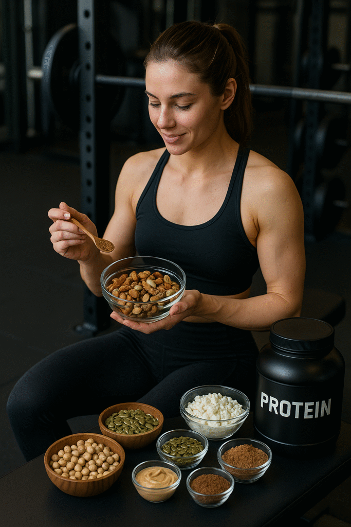 “Fit woman in gym choosing natural protein sources like nuts, seeds, legumes, and dairy over protein powder for healthy workout nutrition.”