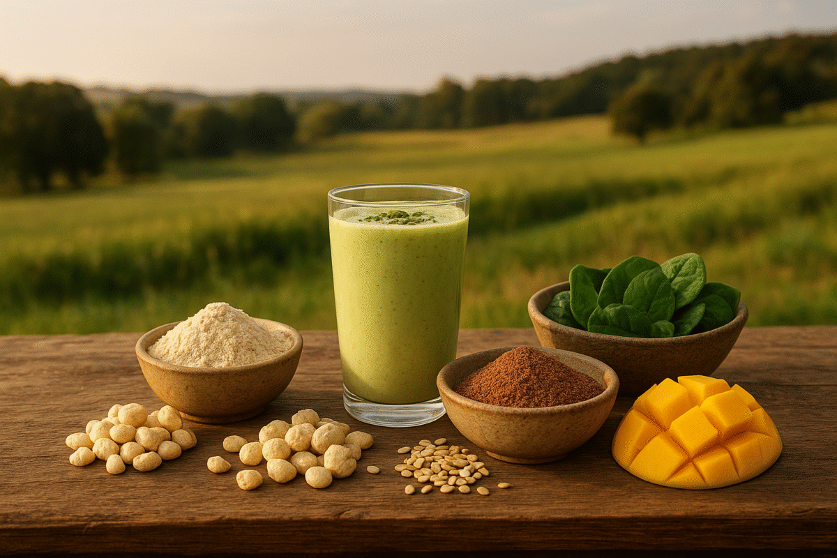 A rustic wooden table outdoors featuring a green smoothie with bowls of sattu powder, ragi, makhana, spinach leaves, and fresh mango cubes against a lush countryside backdrop.