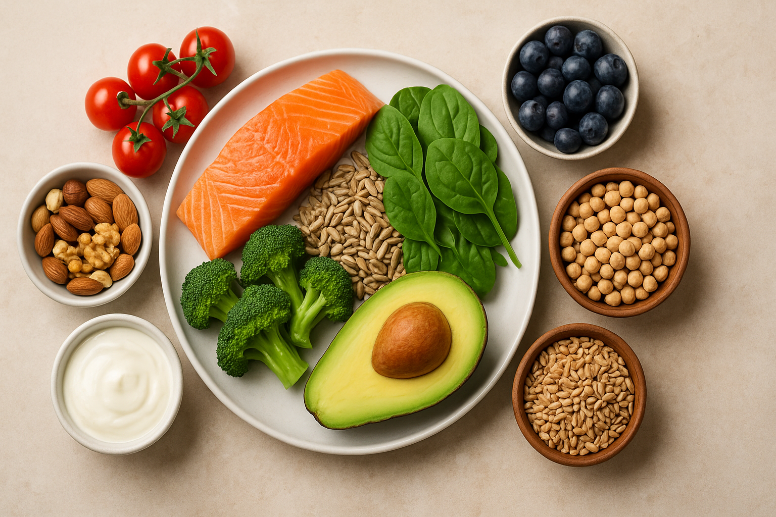 This image includes Pumpkin seeds and leafy greens, as well as whole grains featuring as natural sources of magnesium and zinc.