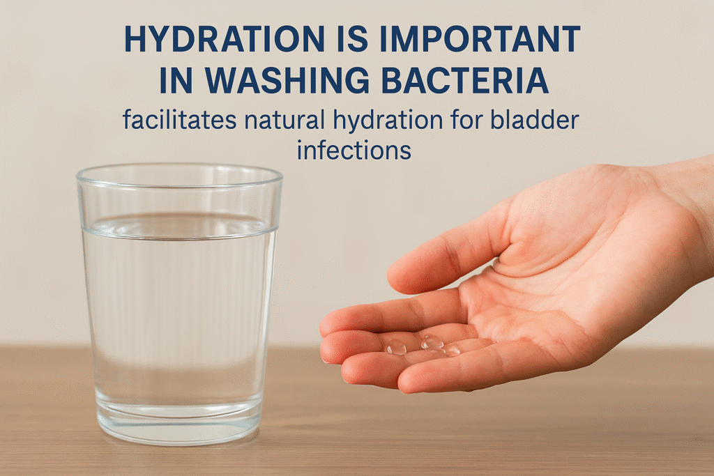 A clear glass of water with droplets beside a 3D illustration of a bladder, connected with blue arrows symbolizing hydration washing bacteria for bladder health.