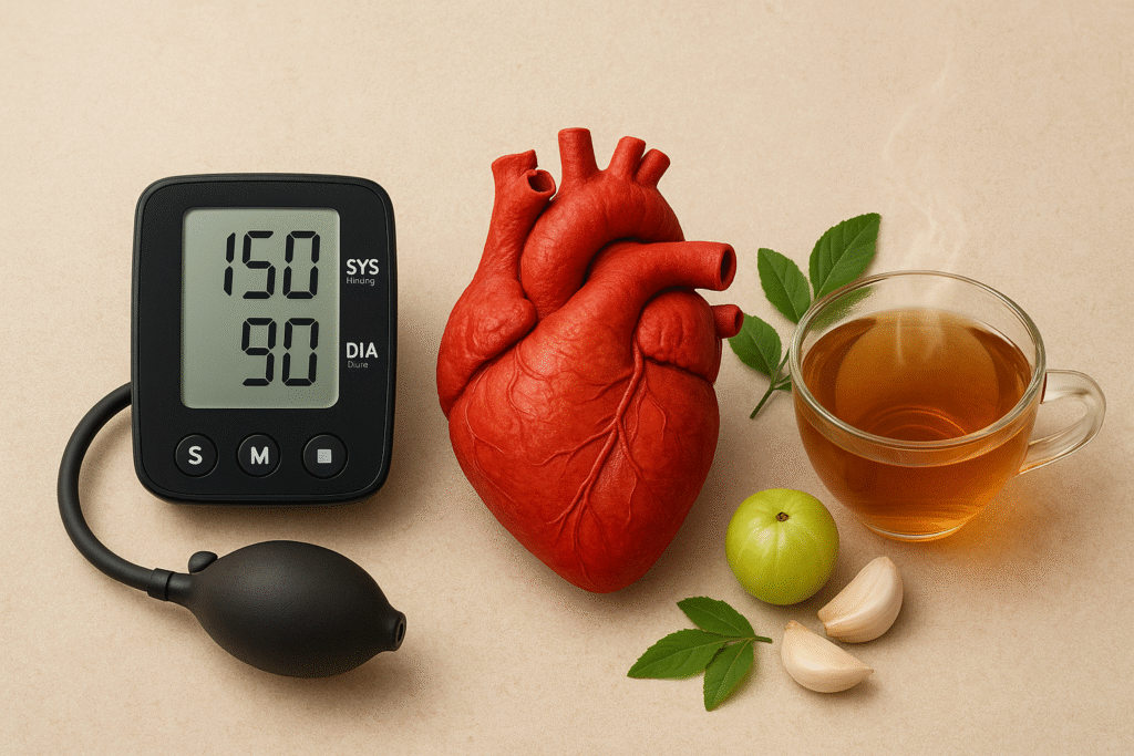 On a beige background, a realistic human heart model, a hot cup of herbal tea, fresh amla fruit, garlic cloves, and green Ayurvedic leaves, along with a blood pressure monitor that displays high blood pressure, represent natural treatments for heart health and hypertension.