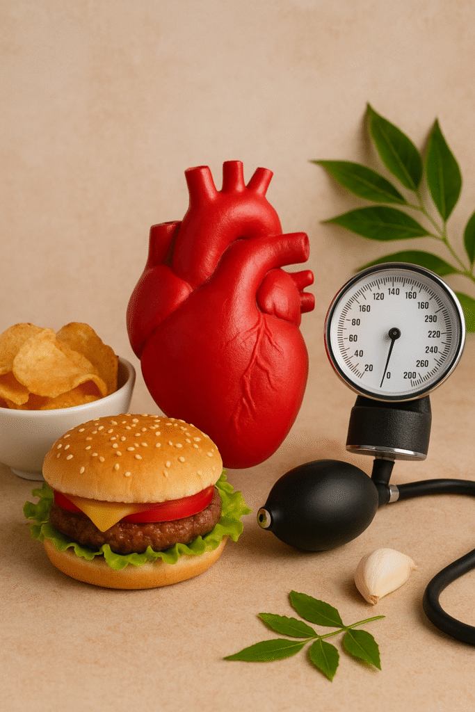 A red heart model with a blood pressure monitor and junk food, such as a burger and chips, surrounding it, represents how a sedentary lifestyle, stress, and poor nutrition raise the risk of hypertension and heart attacks.