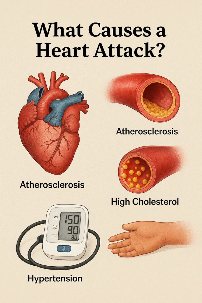 Medical illustration of this image is showing a human heart and blocked arteries due to the atherosclerosis, cholesterol formation, and a blood pressure monitor highlighting hypertension as primary risk factors for heart attack.