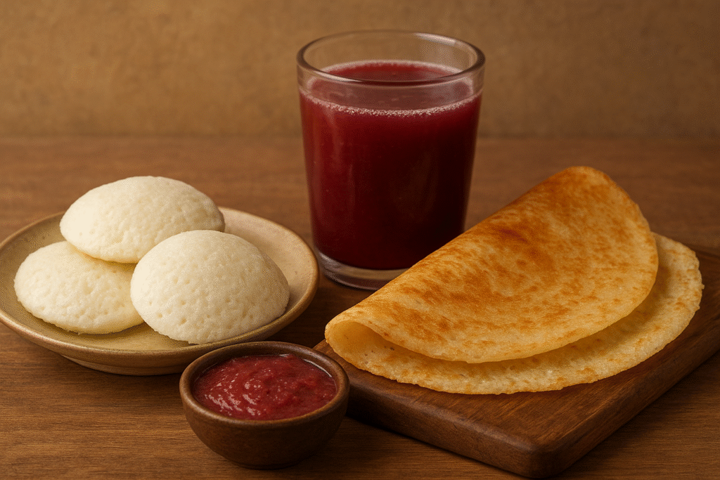 A plate of idlis with chutney, a crispy folded dosa on a wooden board, and a glass of tangy kanji, showcasing traditional Indian fermented foods