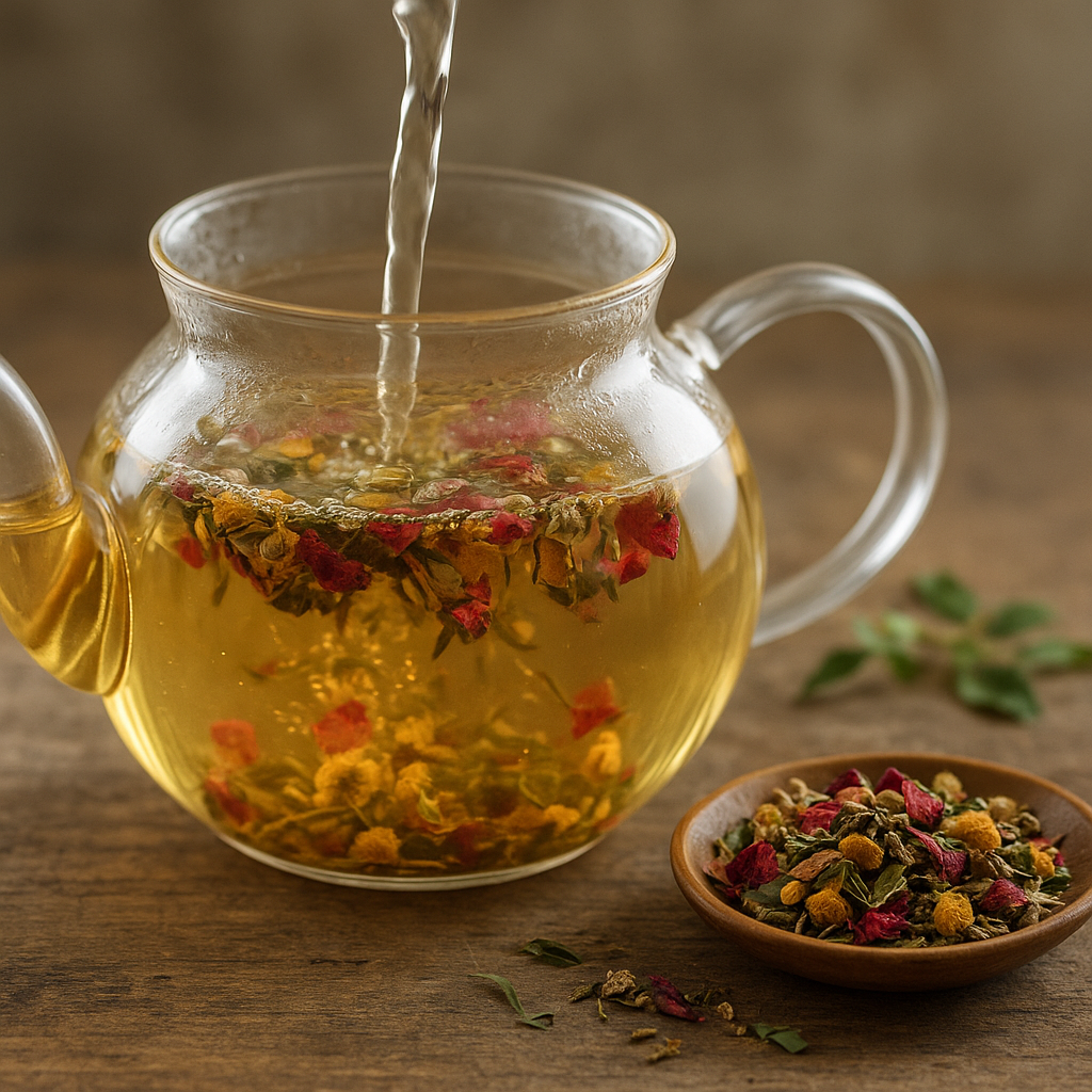 Glass teapot brewing Indian floral tea with rose petals and chamomile on a wooden surface.