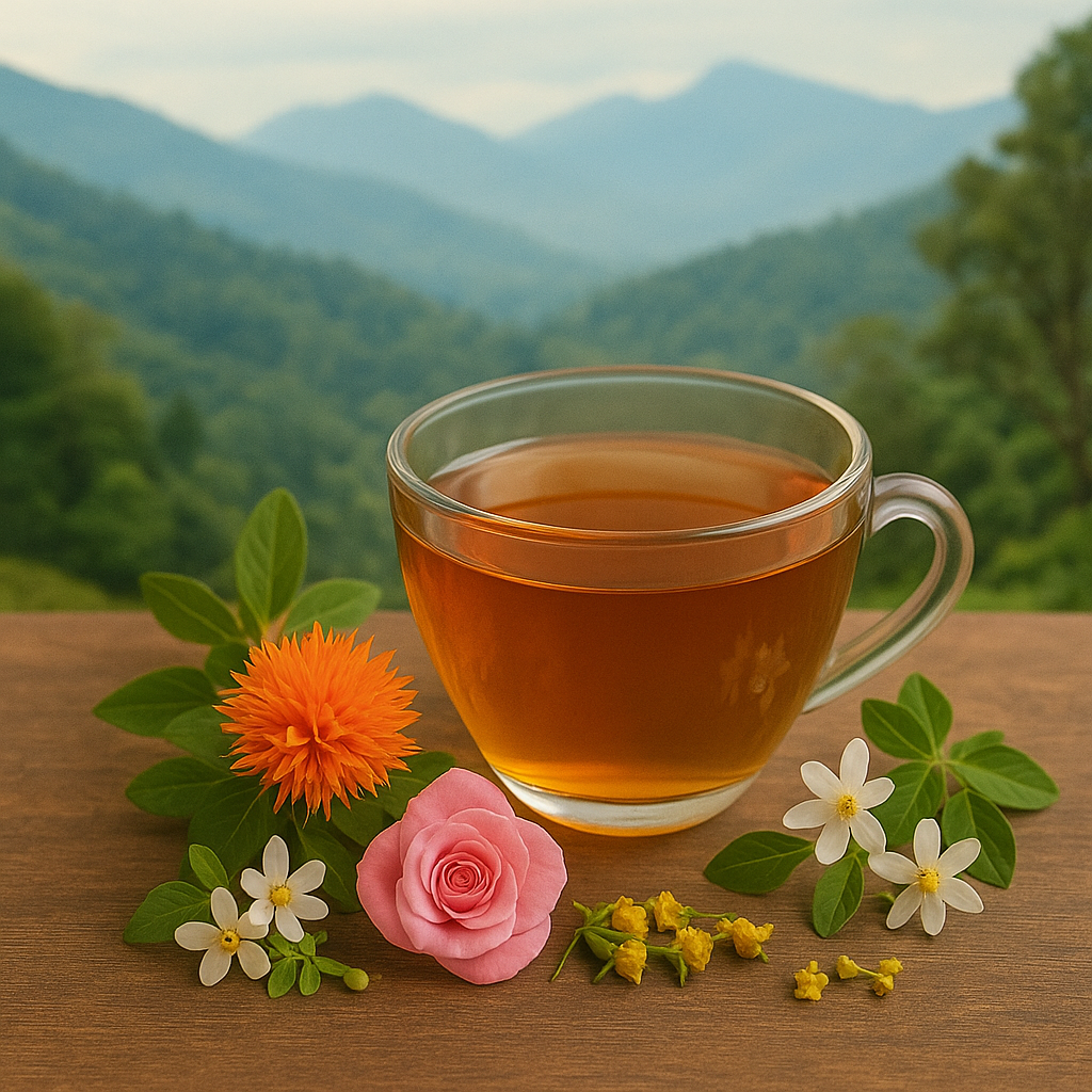 Herbal tea cup with safflower, rose, and jasmine flowers placed before a backdrop of the Western Ghats, Himalayas, and central Indian forests