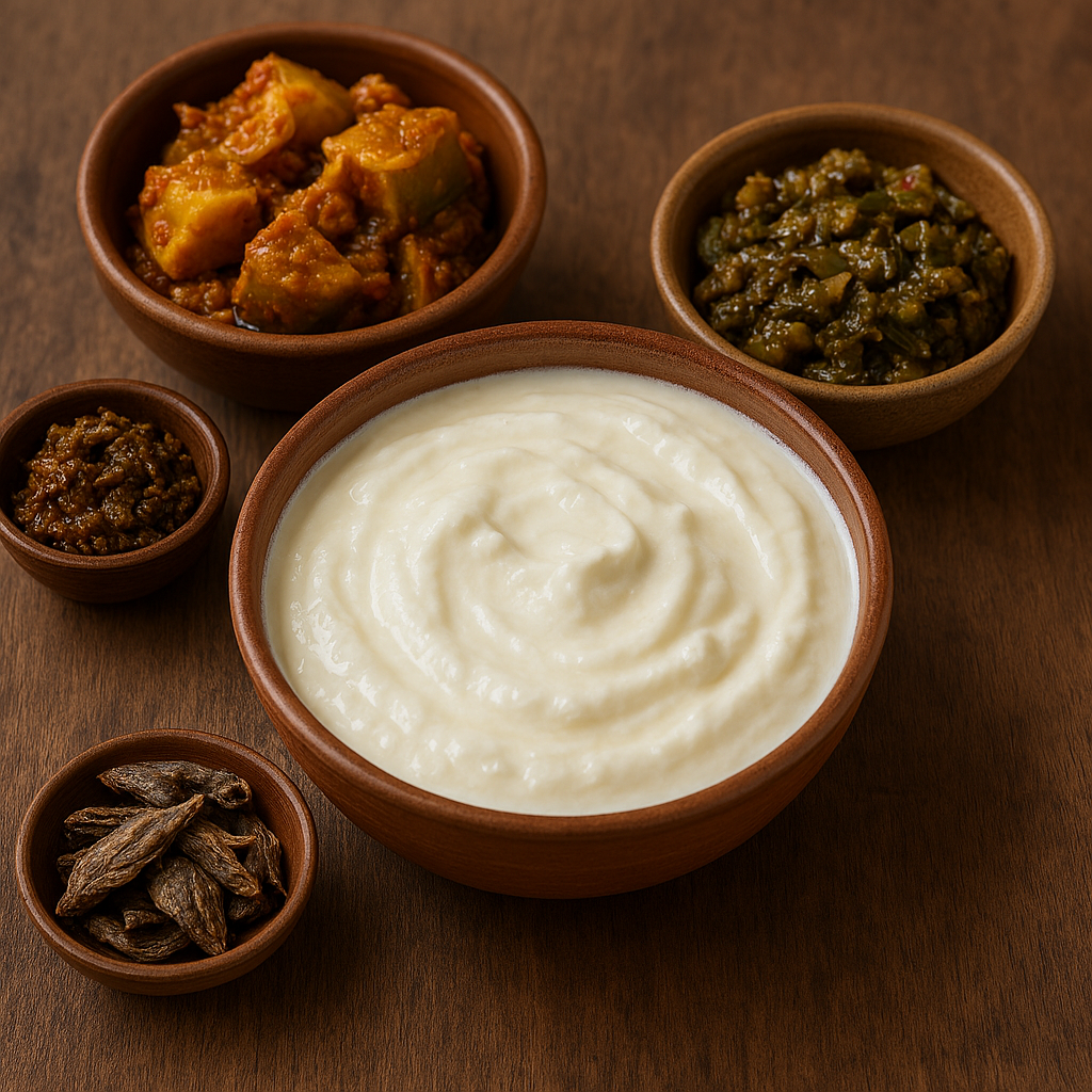 A bowl of thick white yogurt (dahi) surrounded by small bowls of mixed Indian pickles, green pickles, and dried fermented fish (Ngari), all placed on a rustic wooden surface.