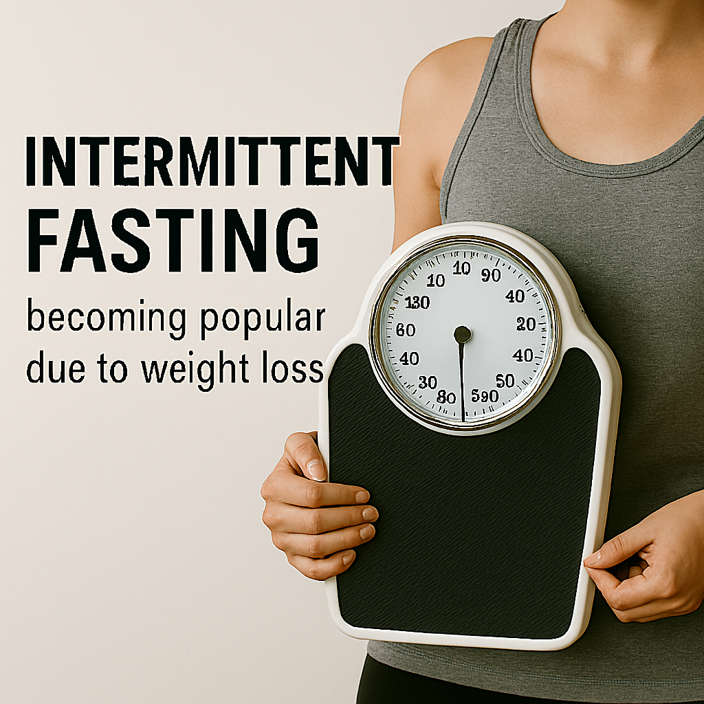 Woman in gray athletic wear holds a mechanical bathroom scale and pinches her waistline, visually representing weight loss associated with intermittent fasting.
