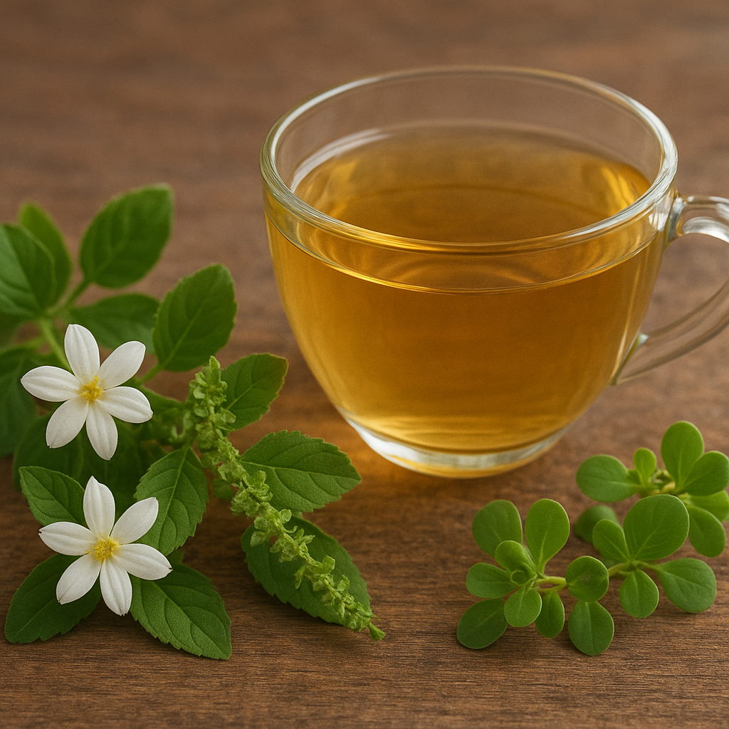 Glass cup of herbal tea surrounded by fresh jasmine flowers, tulsi leaves, and brahmi sprigs on a wooden surface