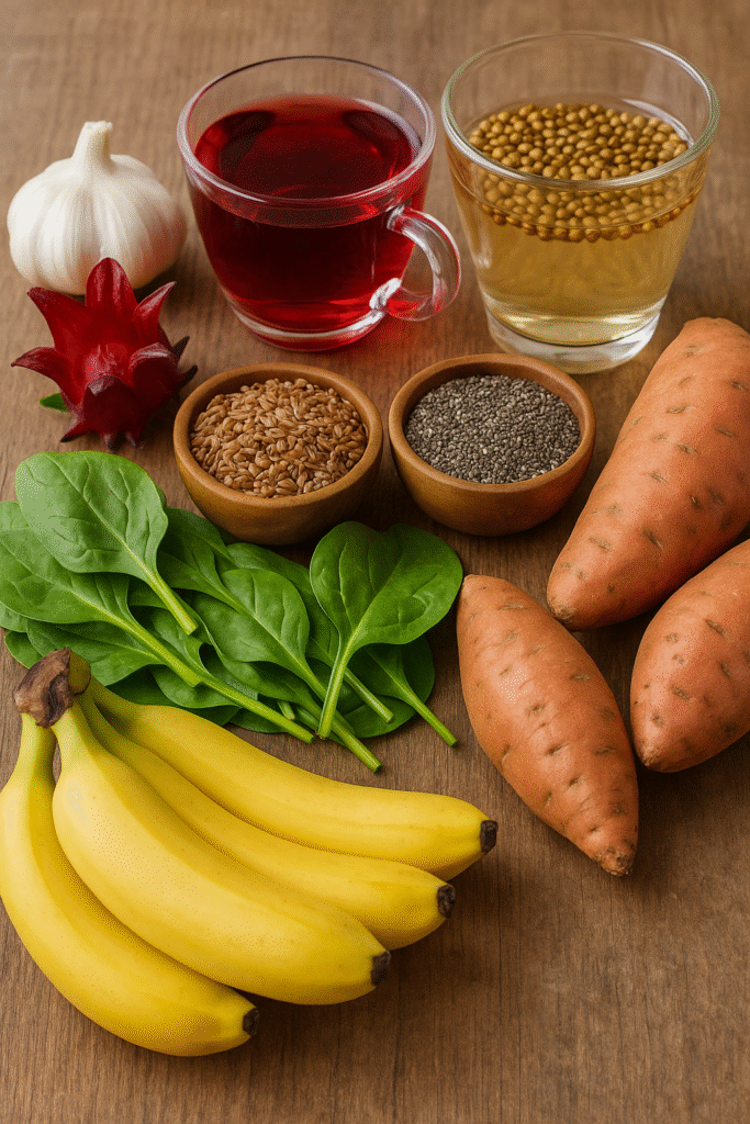 Garlic, hibiscus tea, flaxseeds, chia seeds, bananas, spinach, sweet potatoes, coriander seed water, and other heart-healthy foods are put on a wooden board.