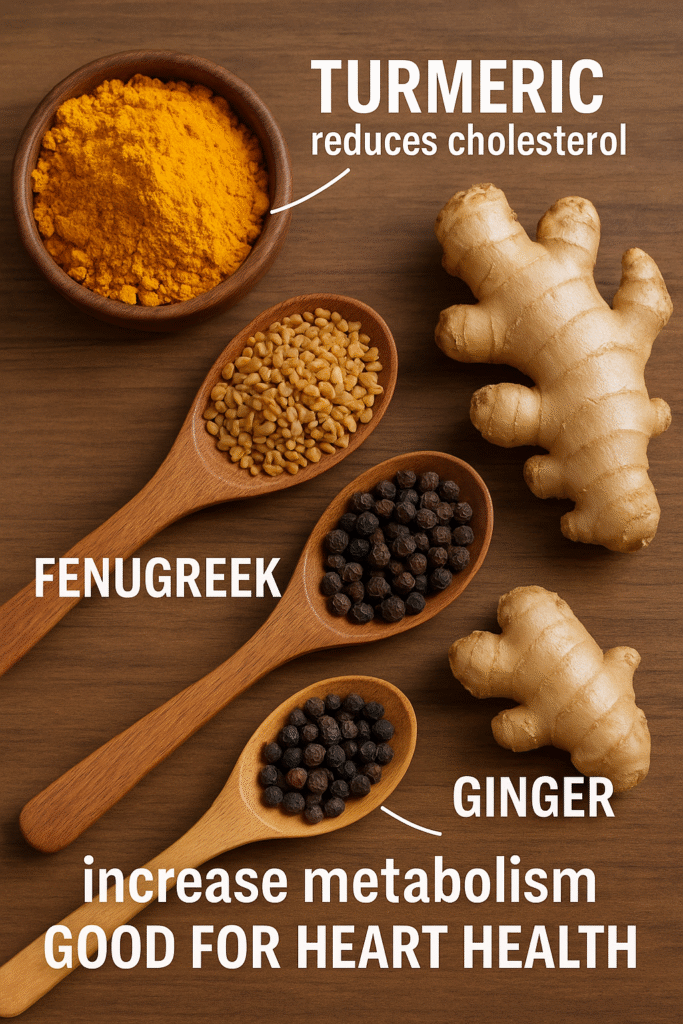 Fresh ginger roots are spread out on a wooden platform with wooden spoons containing fenugreek seeds, black peppercorns, and a dish of turmeric powder.