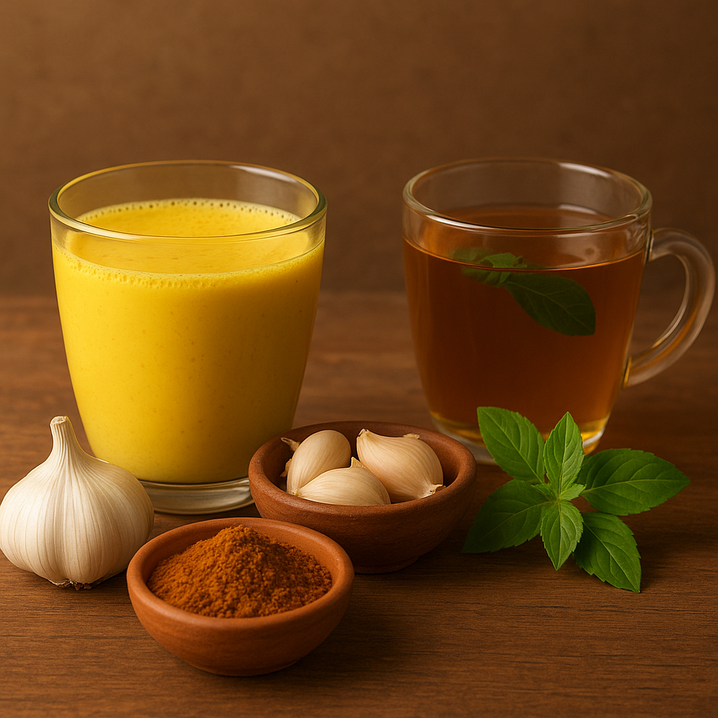 This image showing glass of golden milk, a cup of Tulsi tea with basil leaves, garlic cloves, and a bowl of Arjun bark powder.
