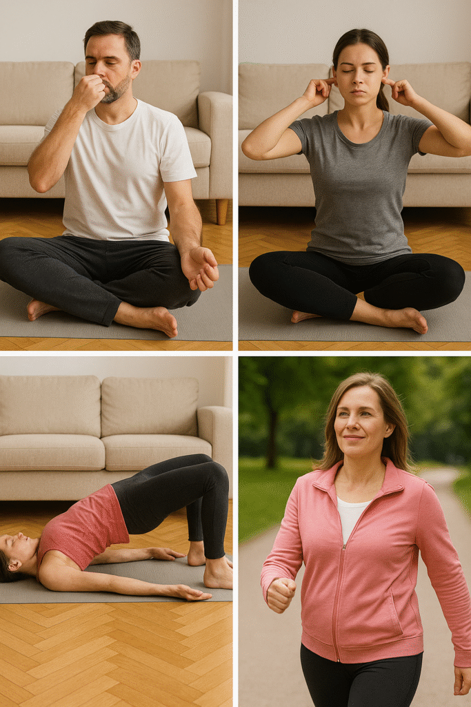 For heart health, there are people doing Anulom-Vilom pranayama, Bhramari pranayama, Shavasana, Setu Bandhasana yoga pose, and a woman jogging briskly outside.