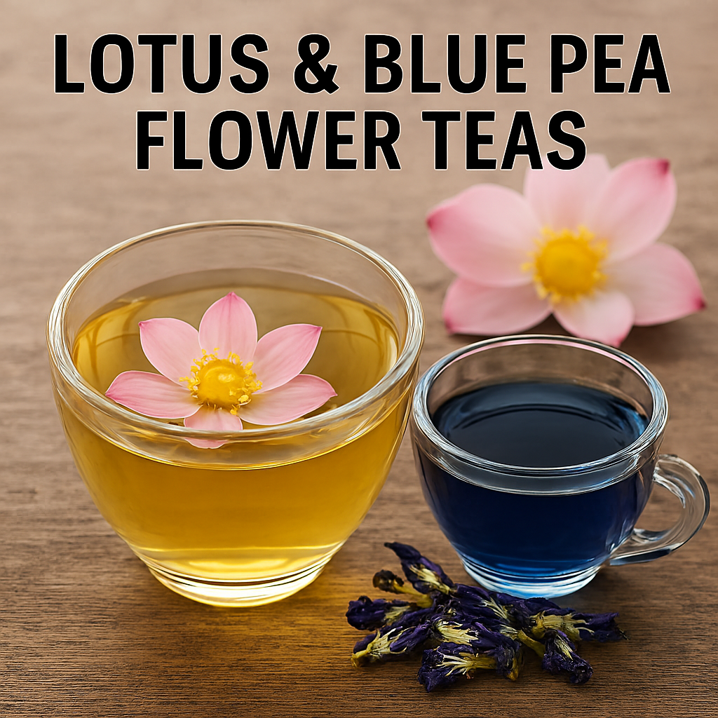 Two glass cups of herbal tea on a rustic wooden surface: one filled with golden lotus tea featuring a floating pink lotus flower, the other with deep indigo blue pea flower tea, surrounded by dried blue pea blossoms and fresh lotus petals; text overlay reads “Lotus & Blue Pea Flower Teas.”