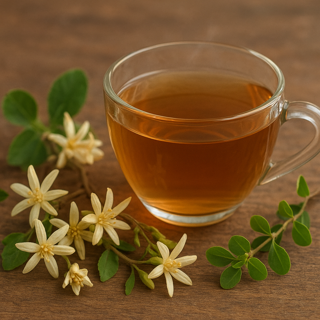 Transparent glass cup of mahua flower tea surrounded by fresh mahua flowers and green leaves on a rustic wooden surface