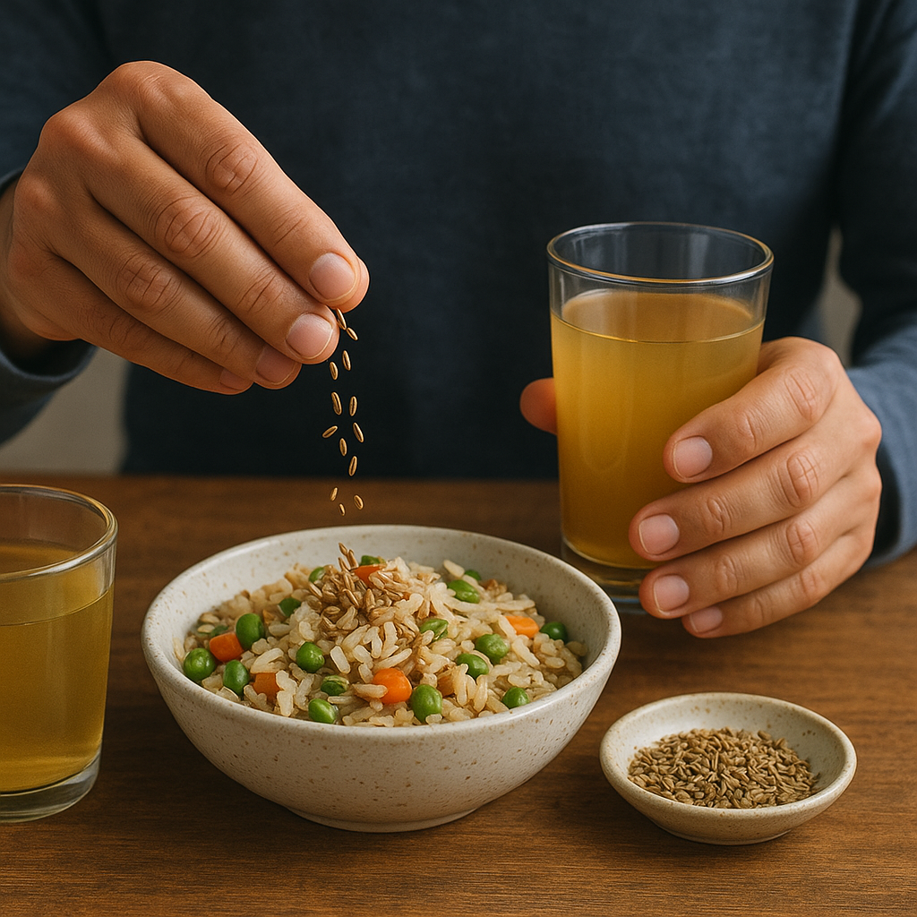 Person sprinkling cumin seeds on rice while holding a glass of herbal drink, representing Ayurvedic digestive practices.