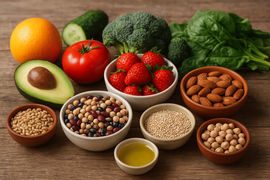 On a wooden table, a realistic arrangement of items from the Mediterranean diet, such as avocado, spinach, broccoli, tomatoes, strawberries, legumes, almonds, grains, and olive oil.