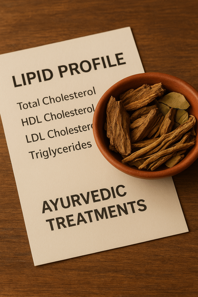 A clay bowl with Ayurvedic herbs and a report from a lipid profile test are set on a wooden surface.