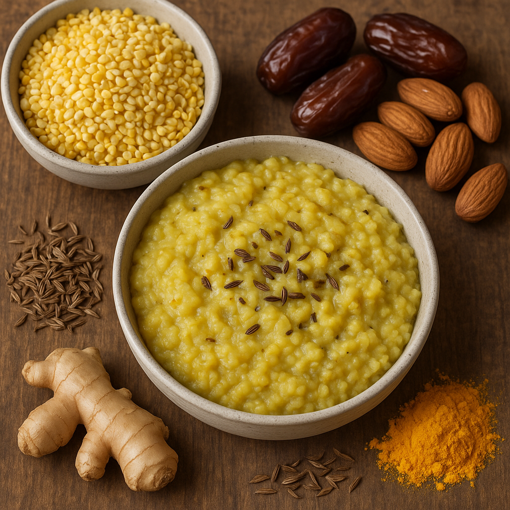 A bowl of moong dal khichdi surrounded by raw moong dal, dates, almonds, ginger, cumin seeds, and turmeric powder on a wooden surface