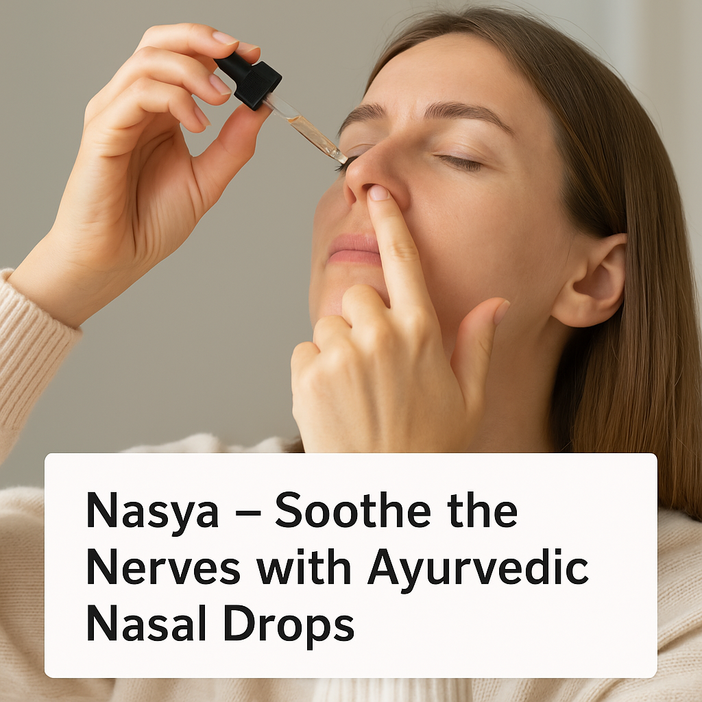 A young woman with eyes closed applies Ayurvedic nasal drops using a dropper, practicing Nasya therapy for relaxation and nervous system relief.