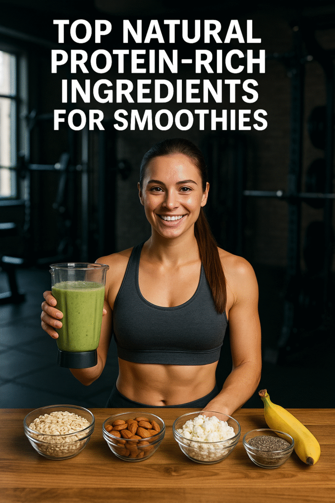 “Fit woman in gym holding a green smoothie with natural protein-rich ingredients like oats, almonds, chia seeds, cottage cheese, and banana displayed on a table.”