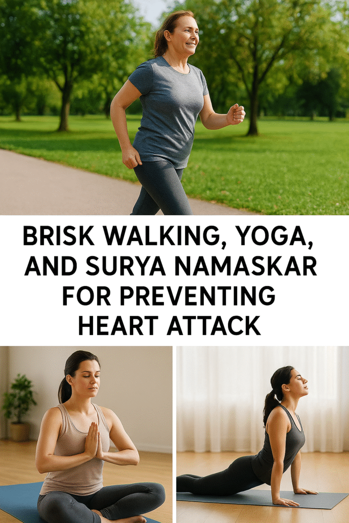 This image is showing a woman brisk walking in a park, a person practicing yoga in meditation pose, and another woman is performing Surya Namaskar indoors. This indicates healthy lifestyle activities for heart attack prevention.