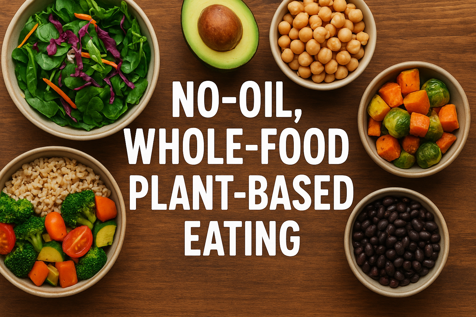 Image showing no-oil and whole-food plant-based ingredients. There are leafy greens, avocado, chickpeas, roasted vegetables, brown rice, broccoli, and black beans with a text “No-Oil, Whole-Food Plant-Based Eating.”