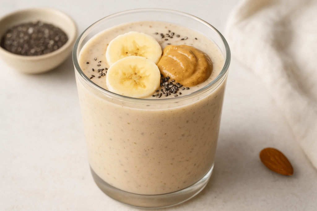 A glass of creamy yogurt smoothie topped with banana slices, almond butter, and chia seeds.