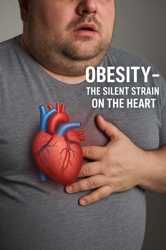 An illustration of a human heart placed on an overweight man's chest represents the toll obesity has on cardiovascular health.