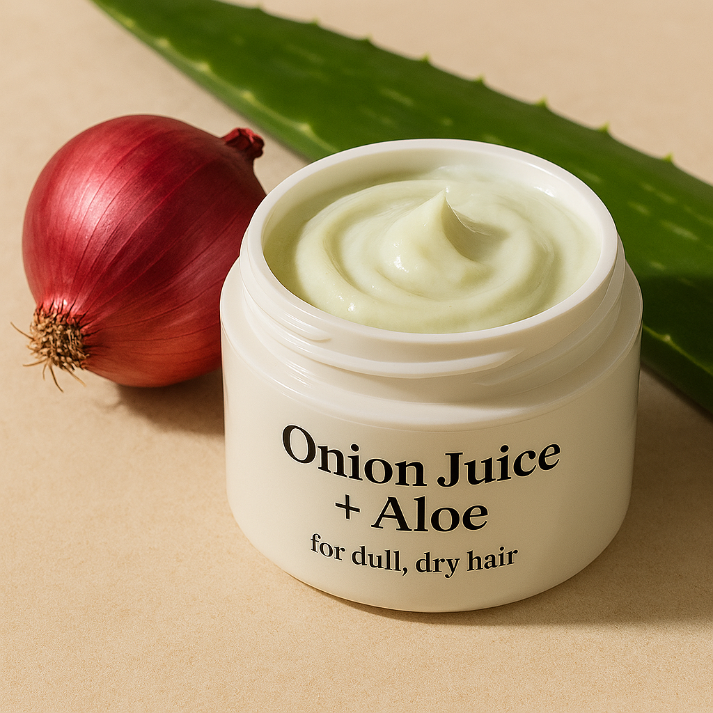 White jar labeled "Onion Juice + Aloe for dull, dry hair" filled with pale green cream, placed beside a red onion and a fresh aloe vera leaf on a beige textured surface.