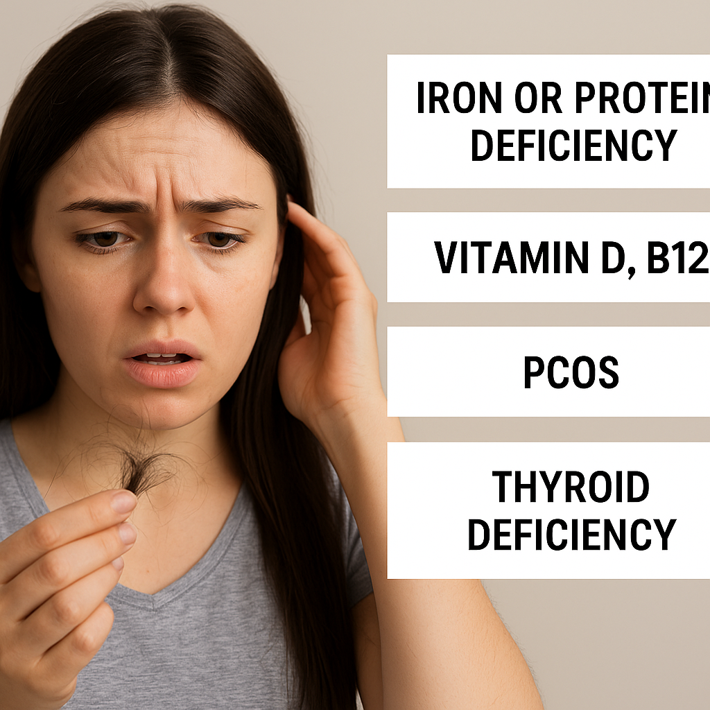 A worried young woman holds strands of fallen hair, with text boxes highlighting causes such as iron or protein deficiency, vitamin D and B12 deficiency, PCOS, and thyroid issues.